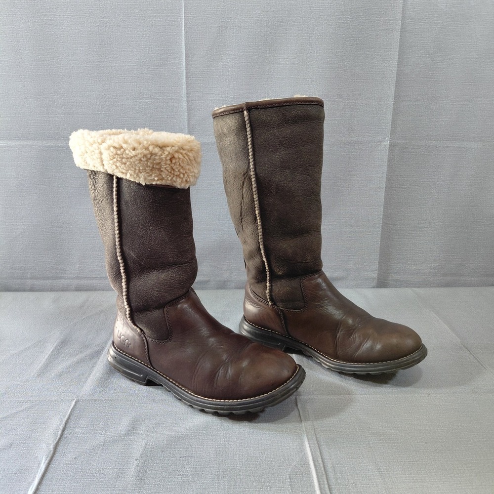 UGG Women's Brooks Tall Flat Boots Sz 7 Leather Shearling 5490 Brown Mid Calf